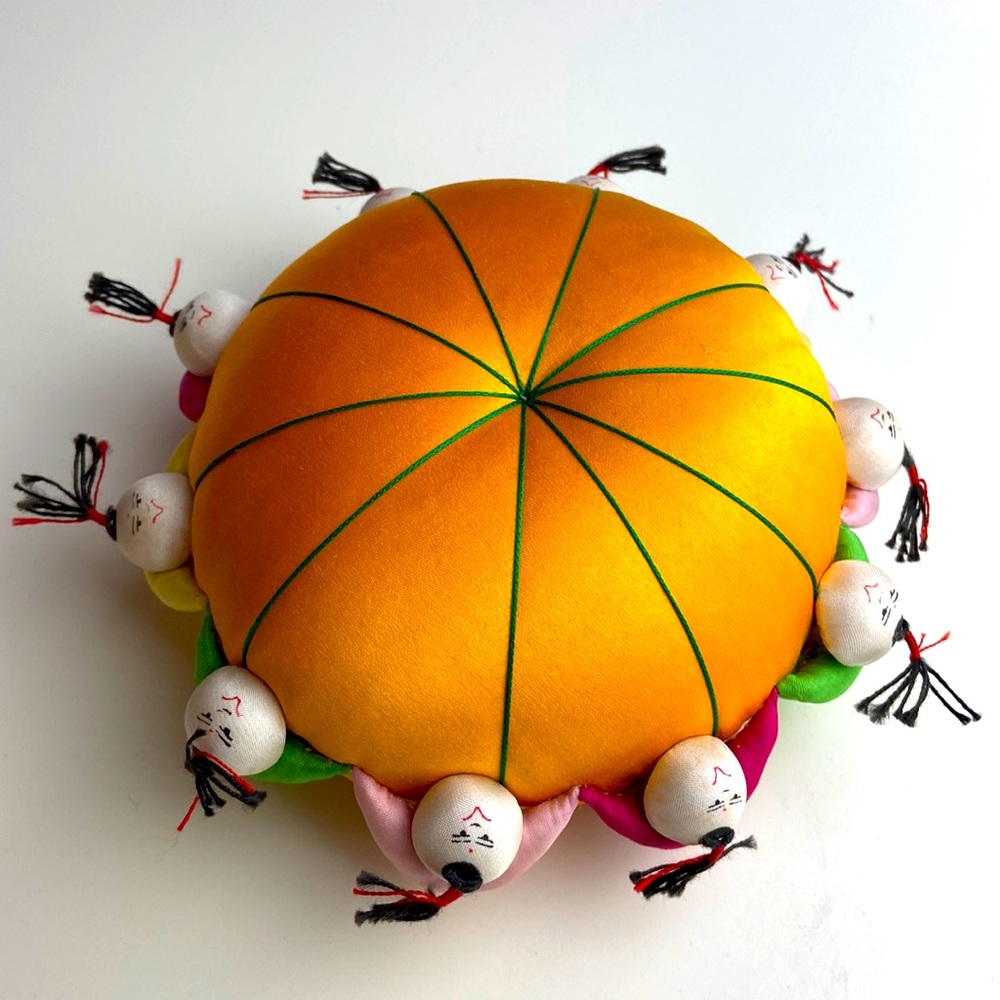 Vintage silk pin cushion circle of friends workers family